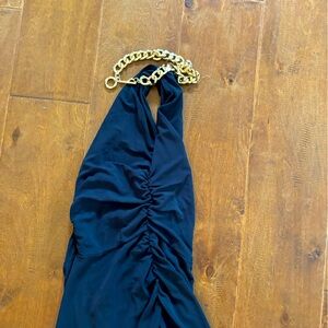 Full length Veronica beard cocktail dress - classic navy with gold chain choker.